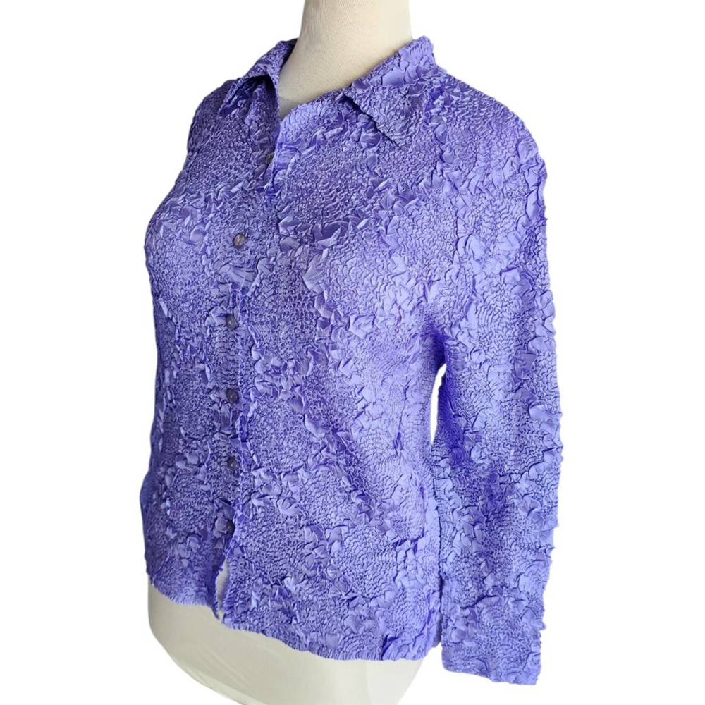 Pleats Collection by Pings Imports Purple Crinkle Textured Button Blouse Size L